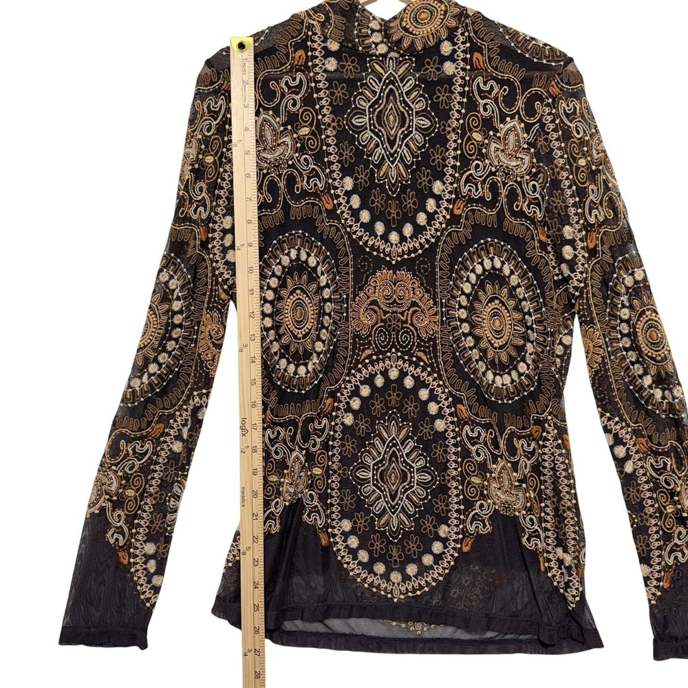 Johnny Was Jade M Loving Is Easy Mesh Embroidered Tee Top Brown High Neck - Picture 3 of 9